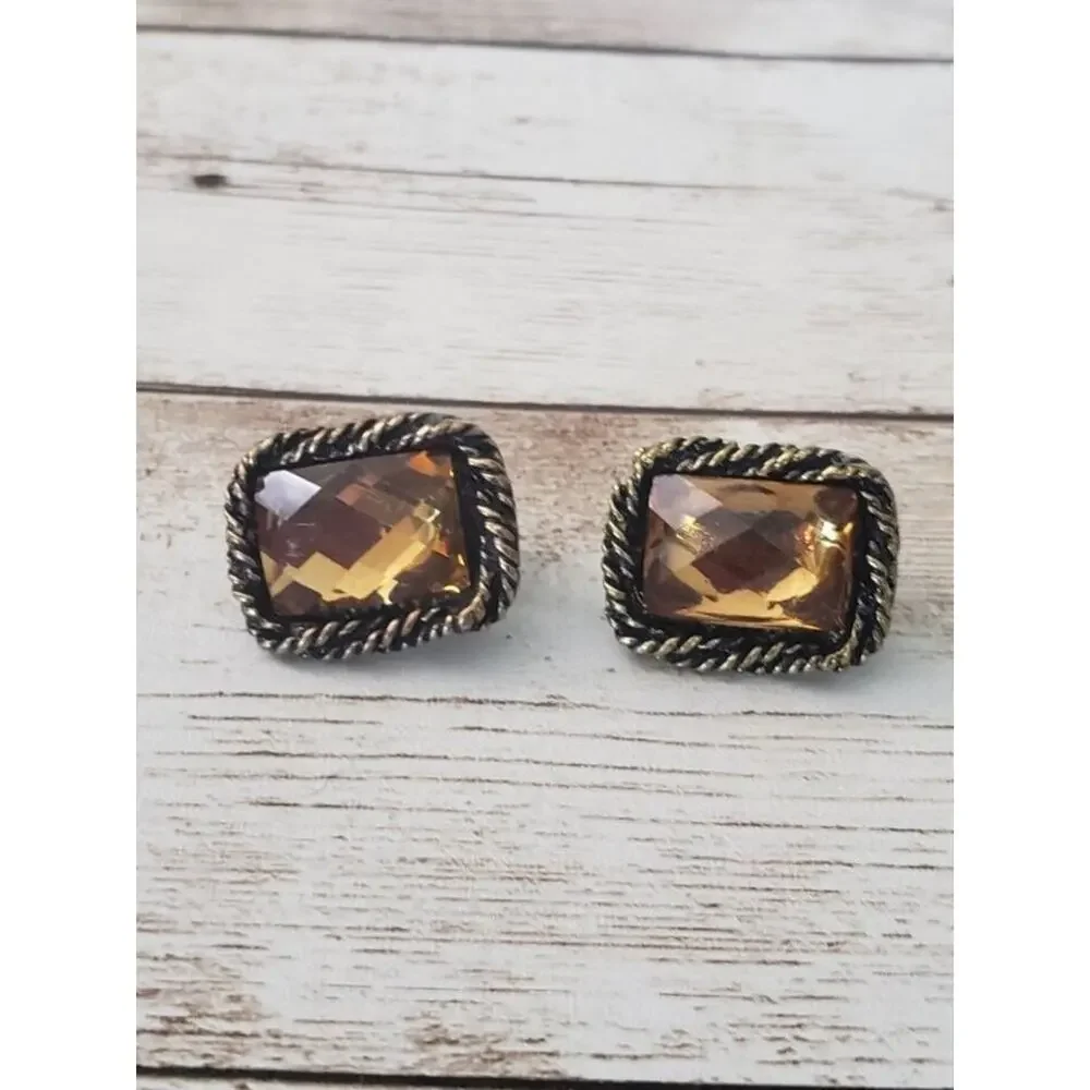 Vintage Clip On Earrings - Amber Tone Gem with Twisted Halo 0.75